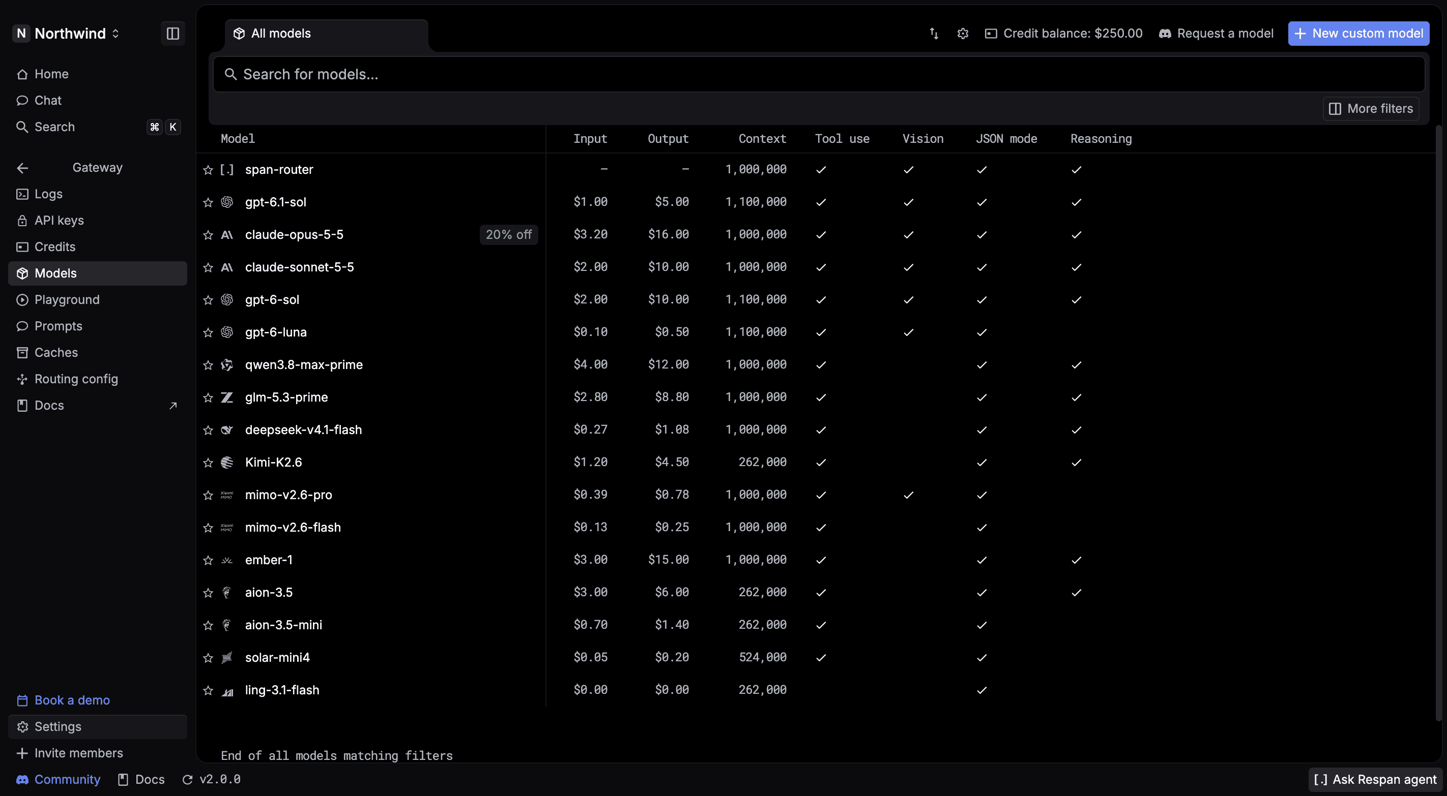 Respan gateway model catalog with prices, context windows, and capabilities
