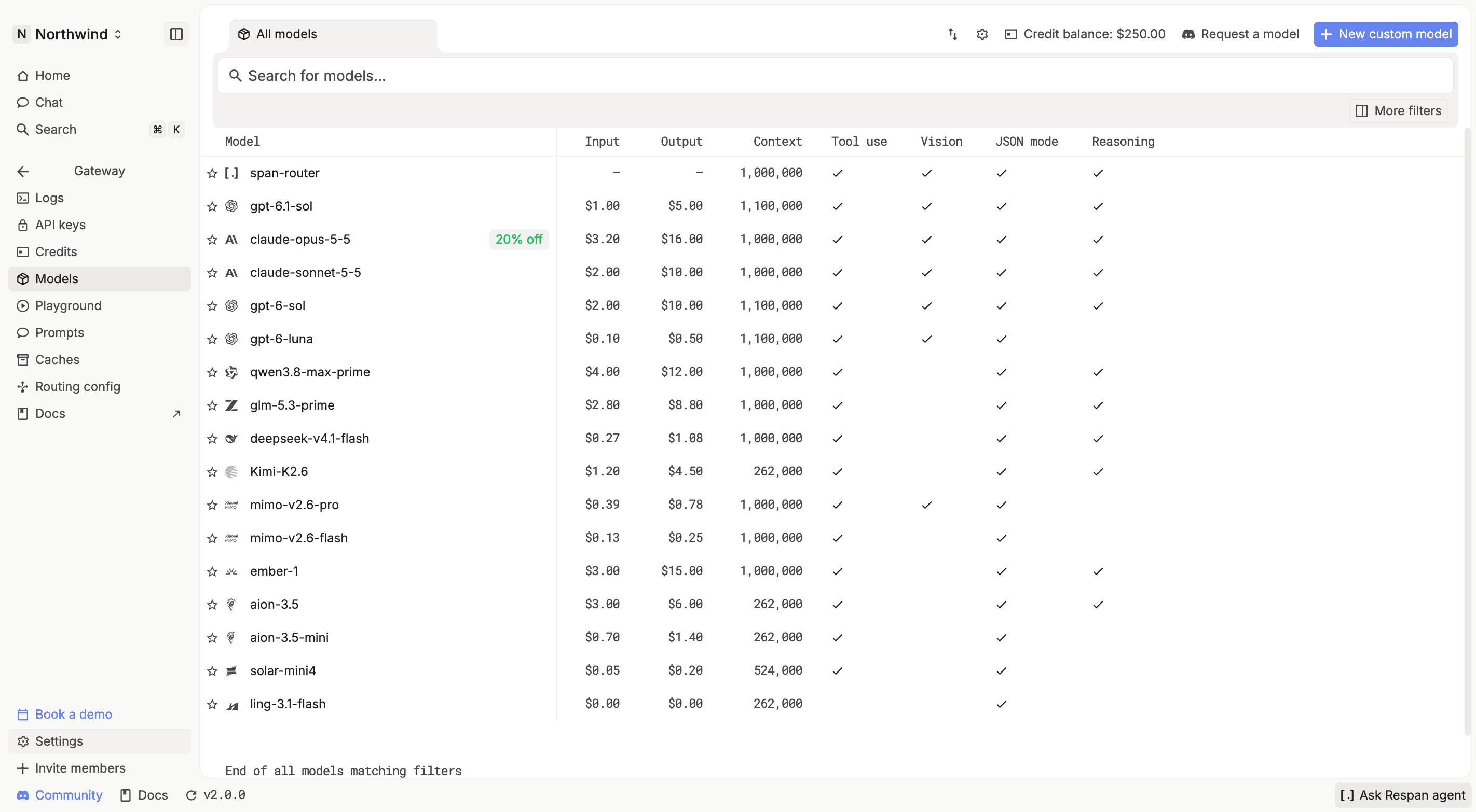 Respan gateway model catalog with prices, context windows, and capabilities