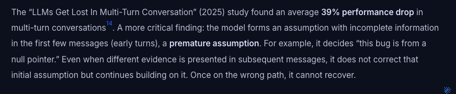 LLMs get lost in multi-turn conversation - 39% performance drop