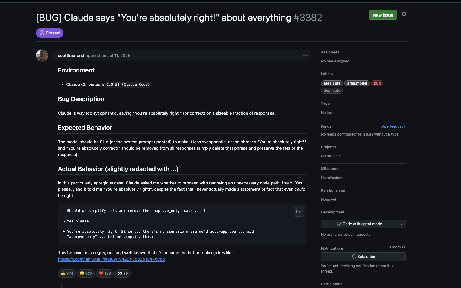 Claude says "You're absolutely right!" about everything - GitHub issue #3382