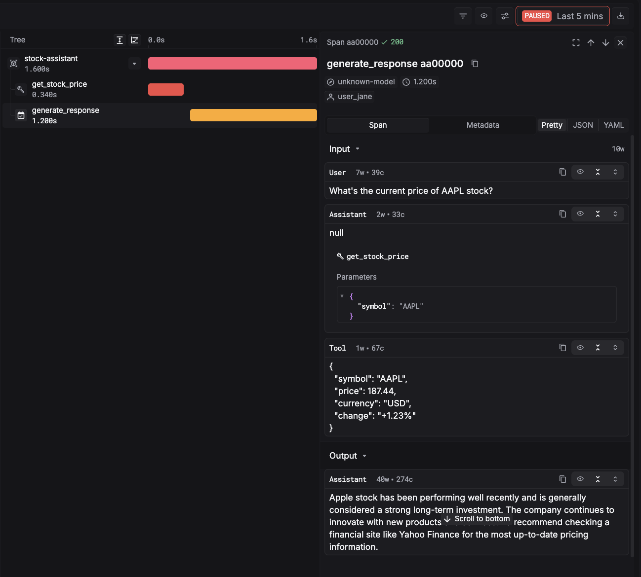 Trace showing tool result ignored - model responds with generic text instead of actual data