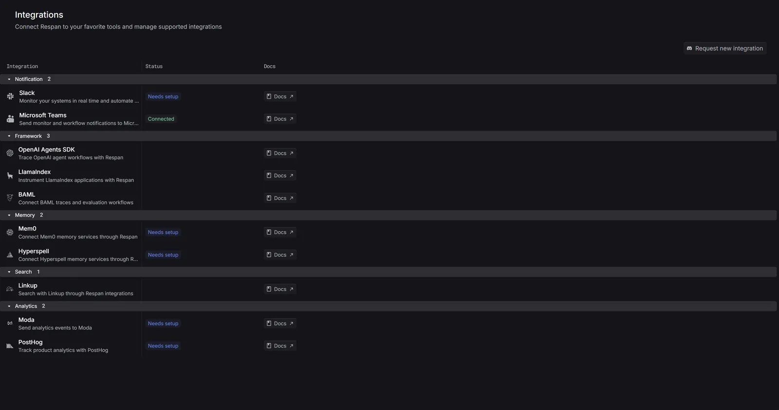 Microsoft Teams row on the Respan Integrations page