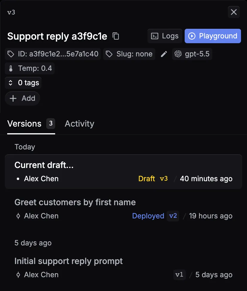 The versions pane: the current draft (v3), the deployed version (v2), and an older version (v1), each with its commit message and author
