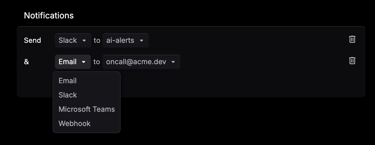 A notification row's channel menu with Email, Slack, Microsoft Teams, and Webhook