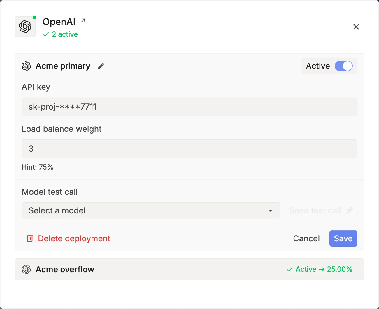 An OpenAI deployment named Acme primary with Load balance weight 3 and a hint of 75%, above a second deployment, Acme overflow, at 25%
