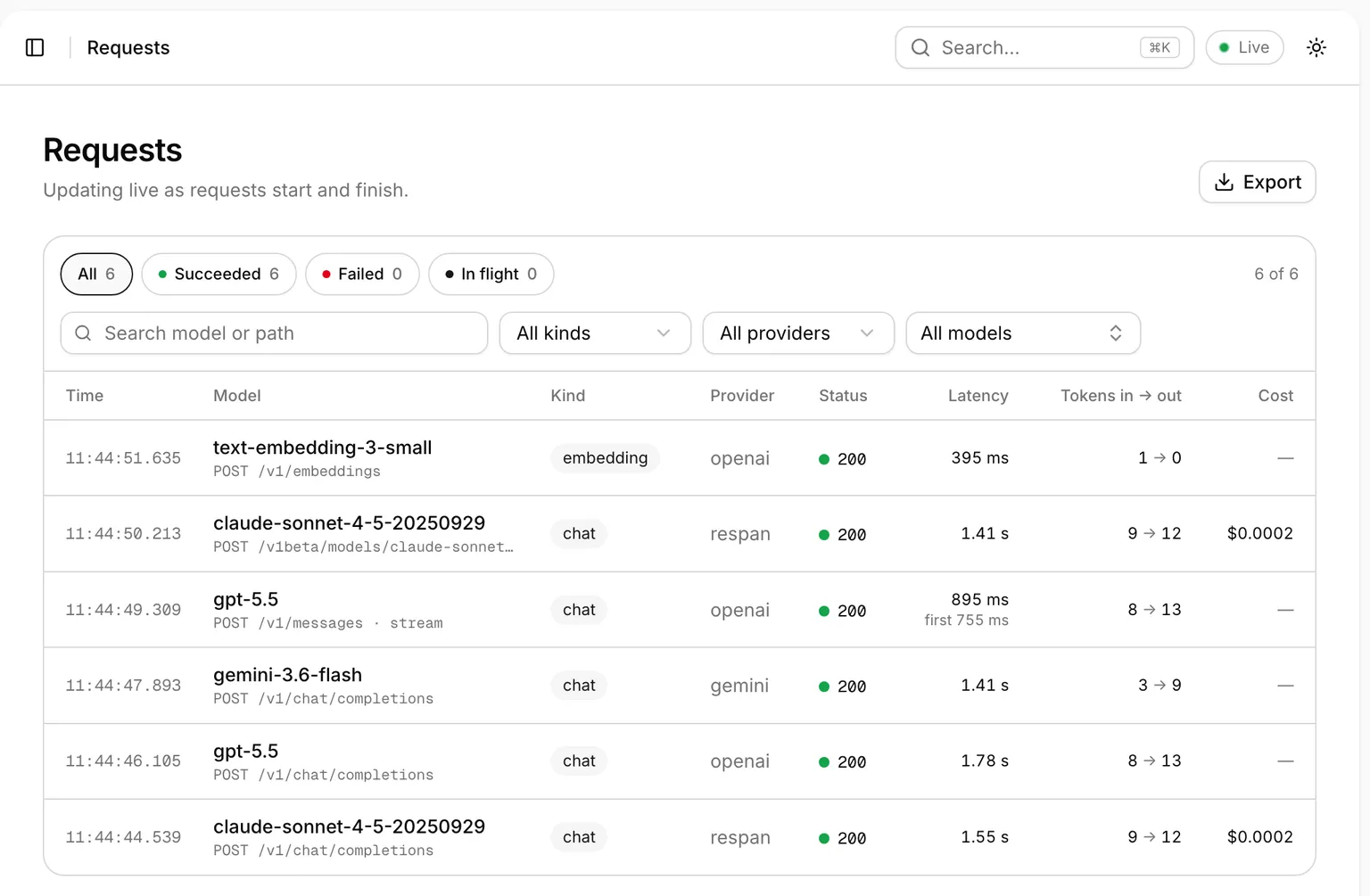 The gateway's Requests page listing recent requests with model, provider, status and latency