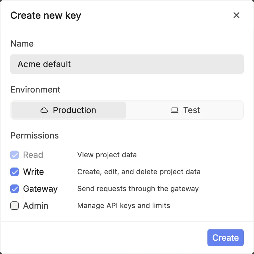 The Create new key dialog with Name, Environment (Production or Test), and Permissions: Read, Write, Gateway, and Admin